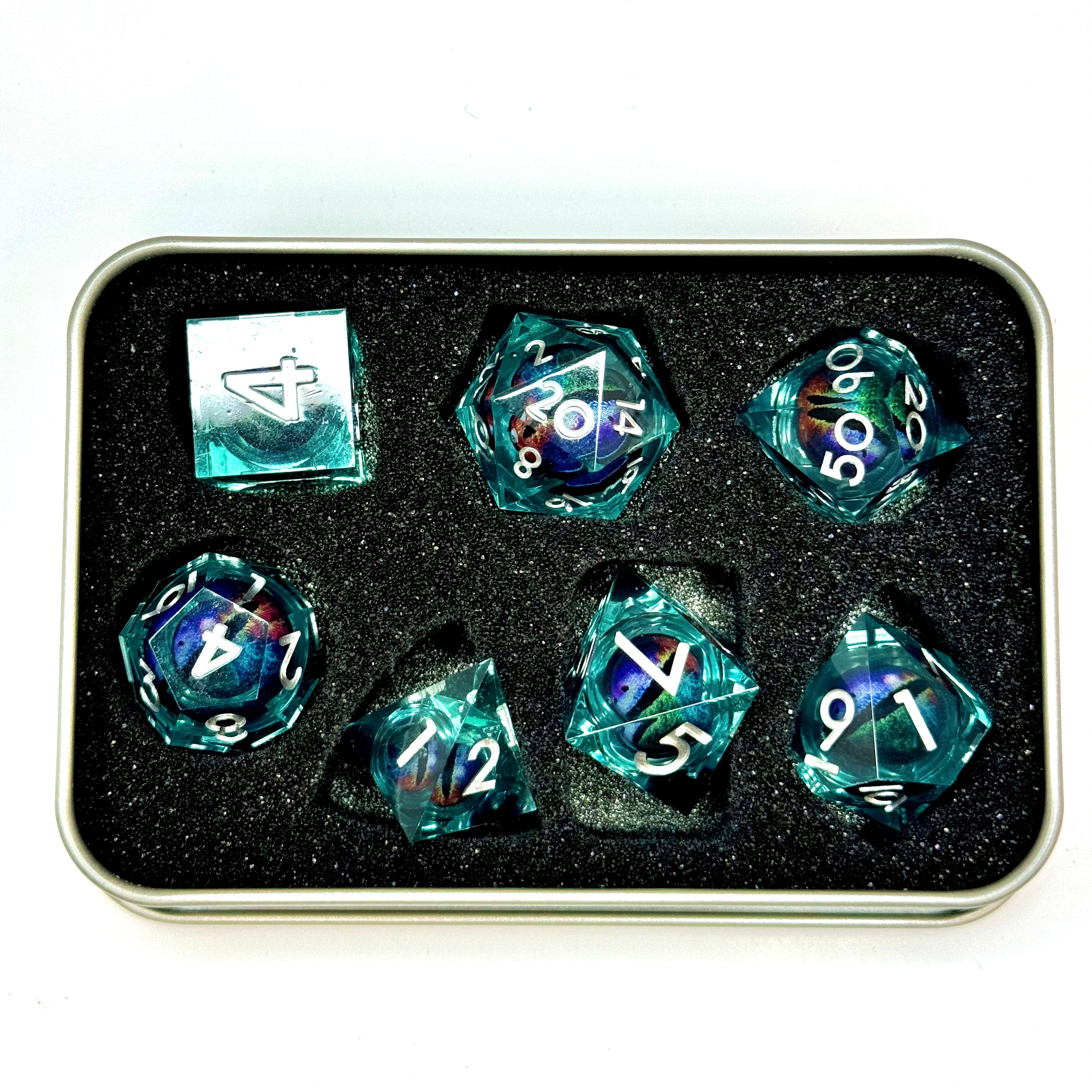 Resin Liquid Core Eye 7 Dice Set - Teal/Rainbow