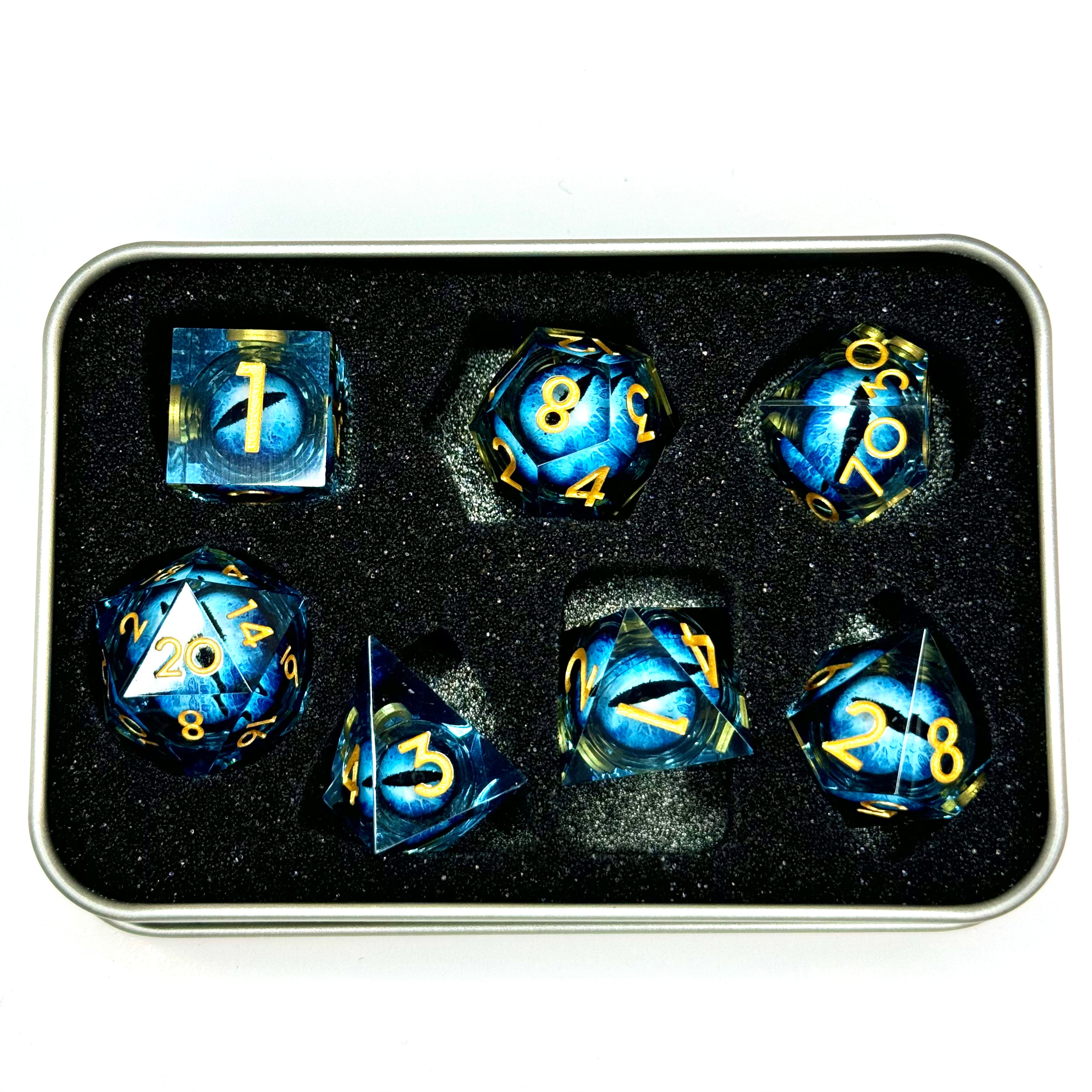 Ensemble de 7 dés à œil à noyau liquide en résine - Bleus