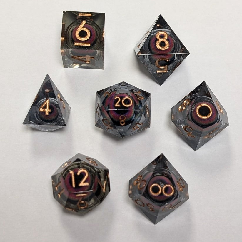 Ensemble de 7 dés à œil à noyau liquide en résine - Gris/Arc-en-ciel