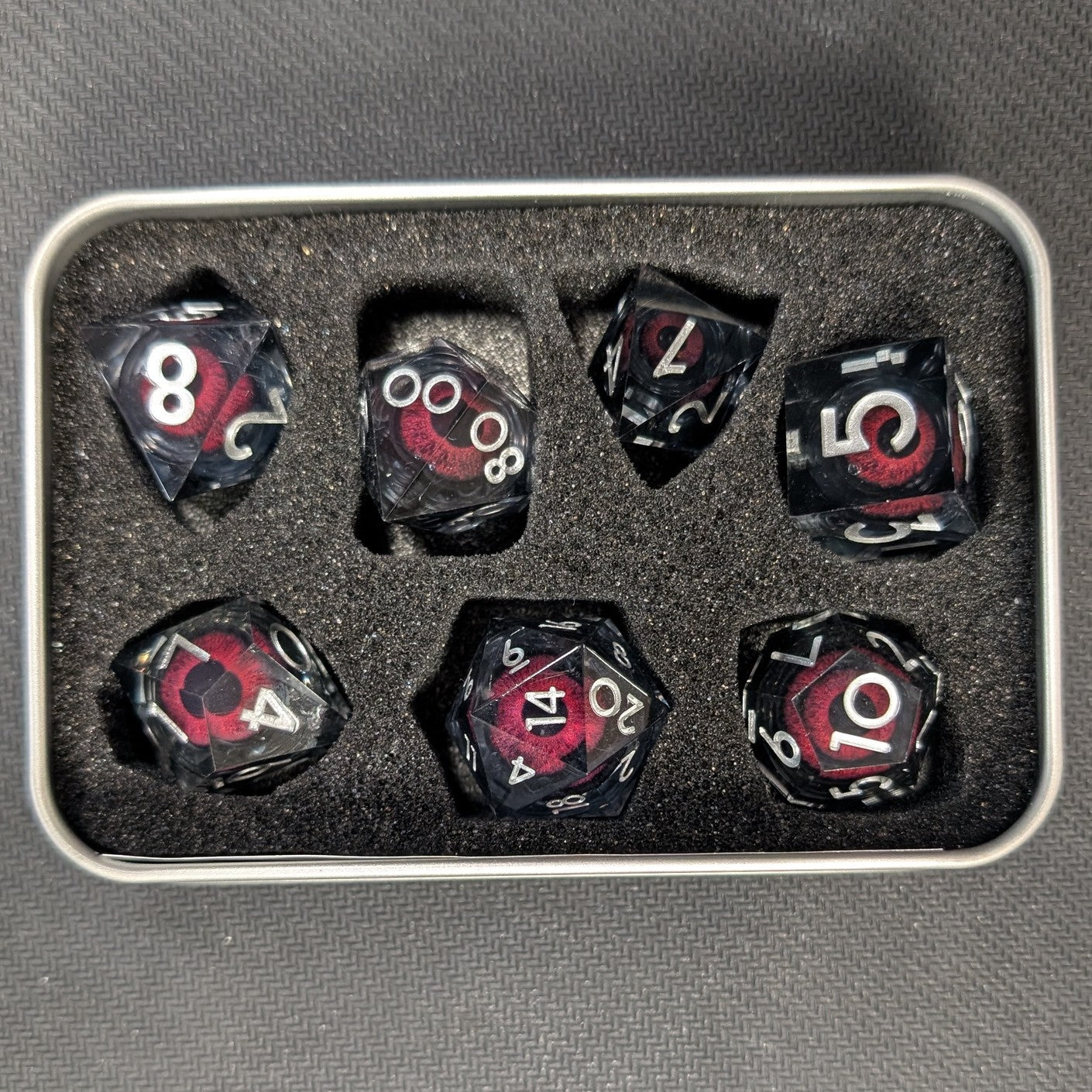 Resin Liquid Core Eye 7 Dice Set - Grey/Red