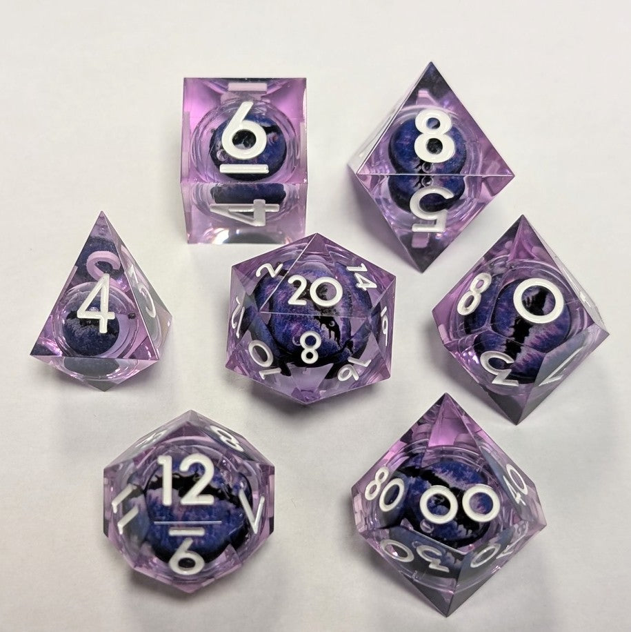 Ensemble de 7 dés à œil à noyau liquide en résine - Rose/Violet