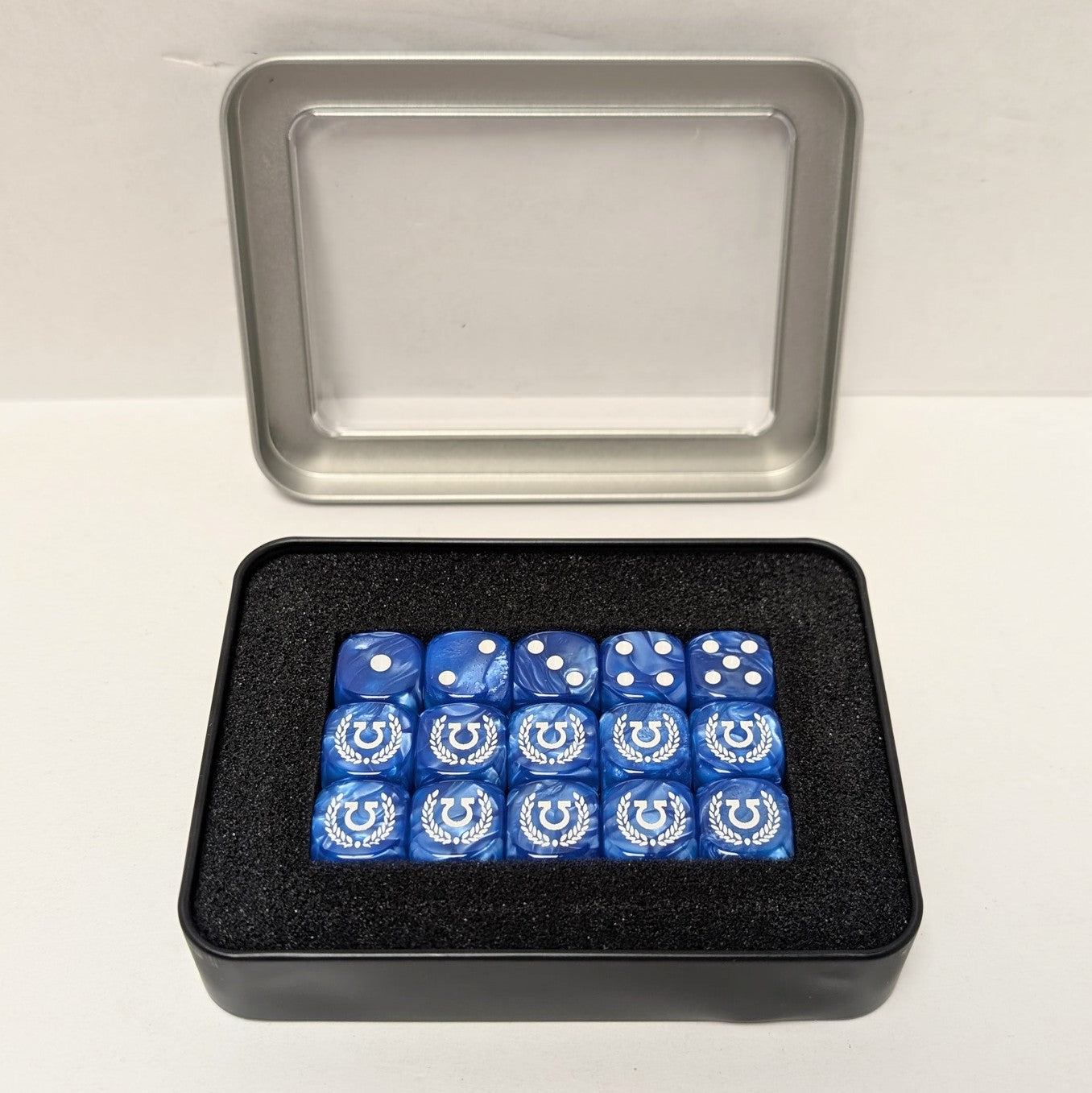 Jeu de 15 dés pour jeux de guerre - Bleus à points blancs