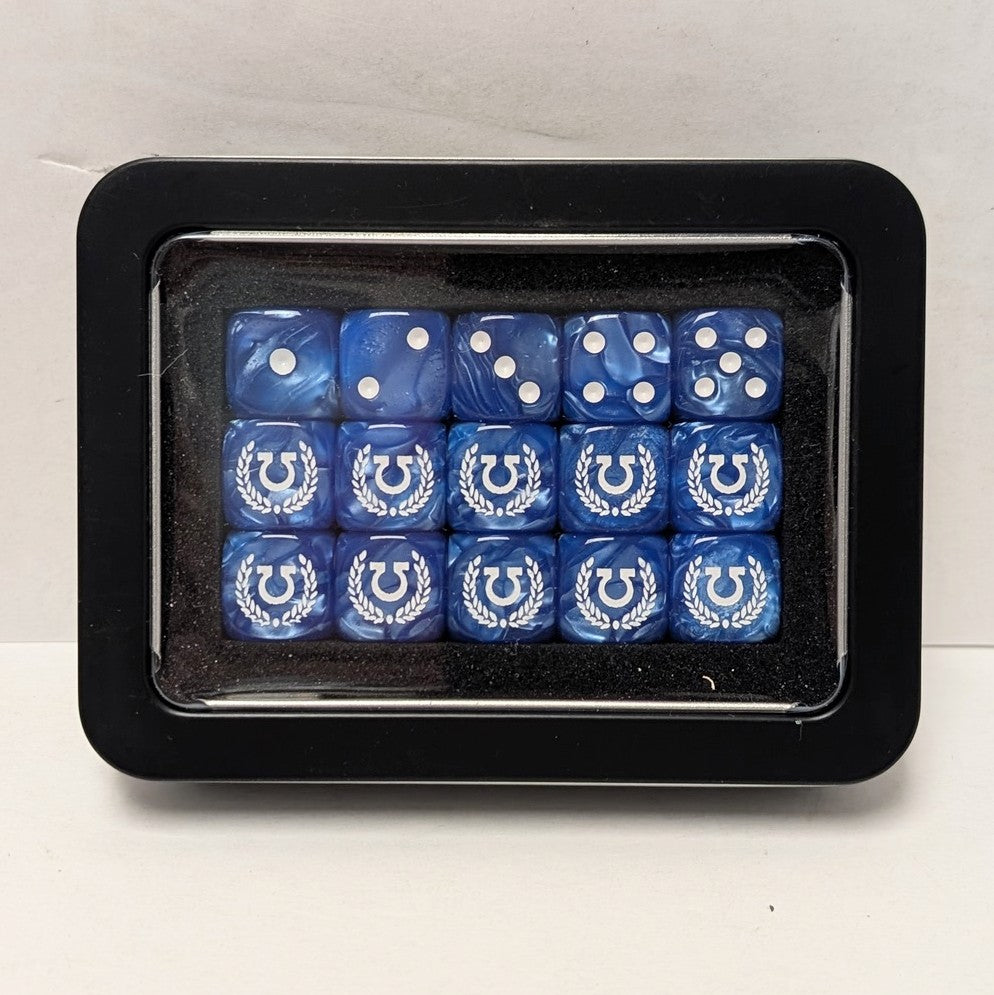 Jeu de 15 dés pour jeux de guerre - Bleus à points blancs