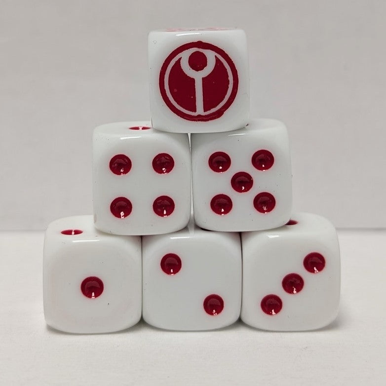 Jeu de 12 dés pour jeux de guerre - Blancs à points rouges