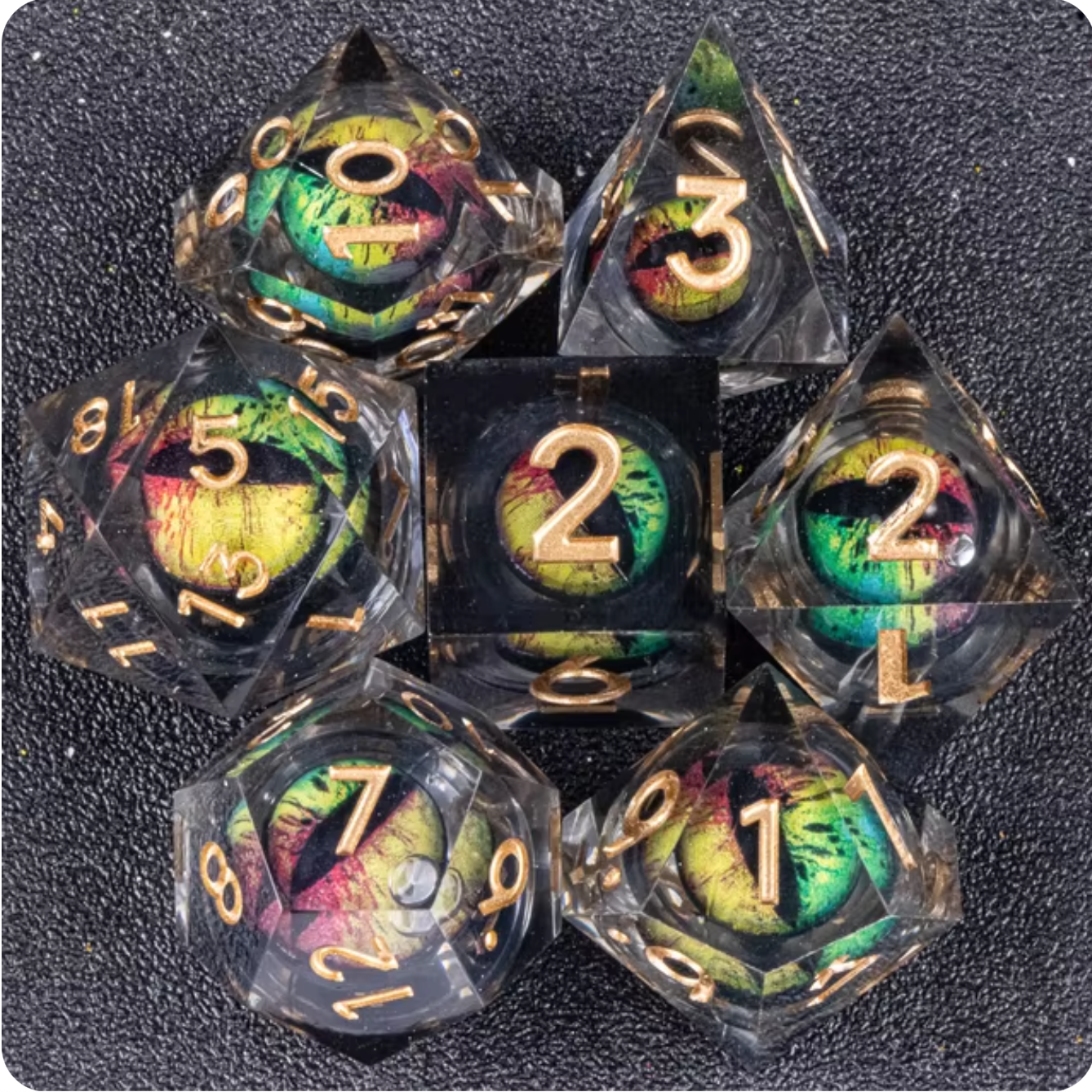 Ensemble de 7 dés à œil à noyau liquide en résine - Marron