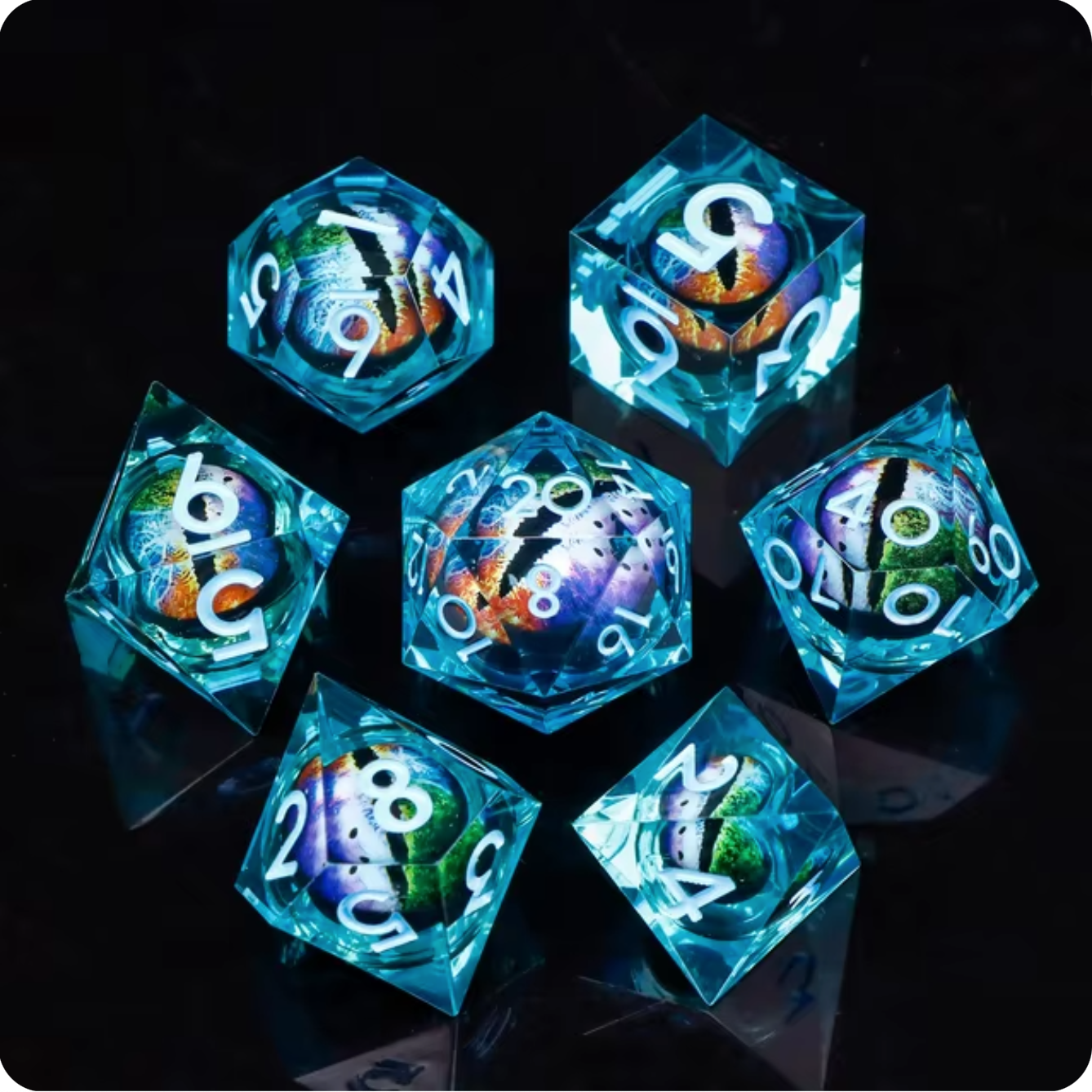 Resin Liquid Core Eye 7 Dice Set - Teal/Rainbow
