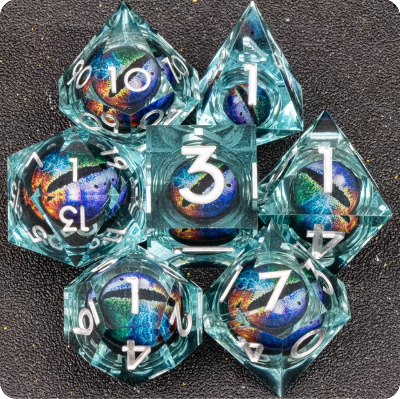 Ensemble de 7 dés à œil à noyau liquide en résine - Transparent/Arc-en-ciel