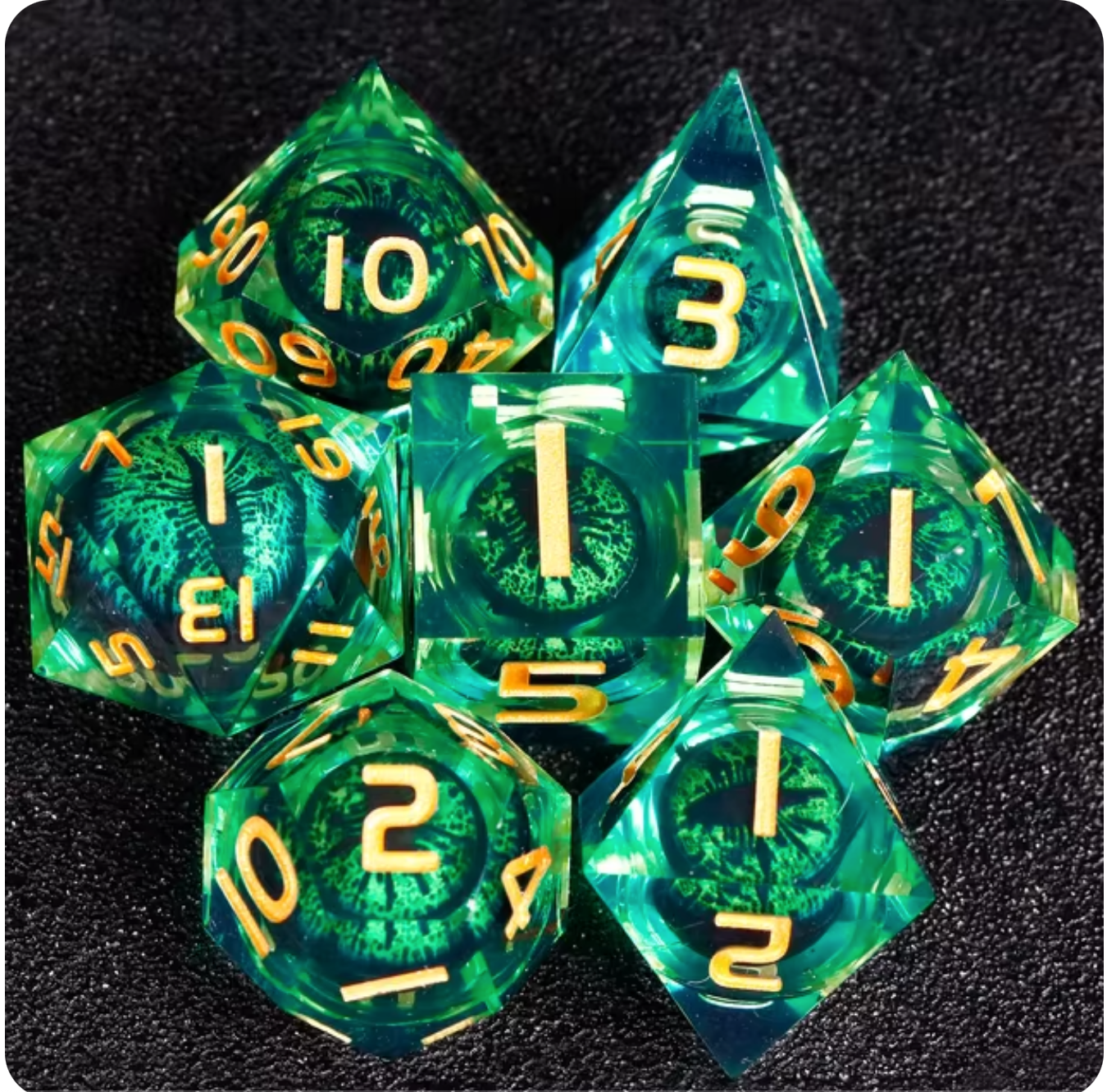 Ensemble de 7 dés à œil à noyau liquide en résine - Émeraude