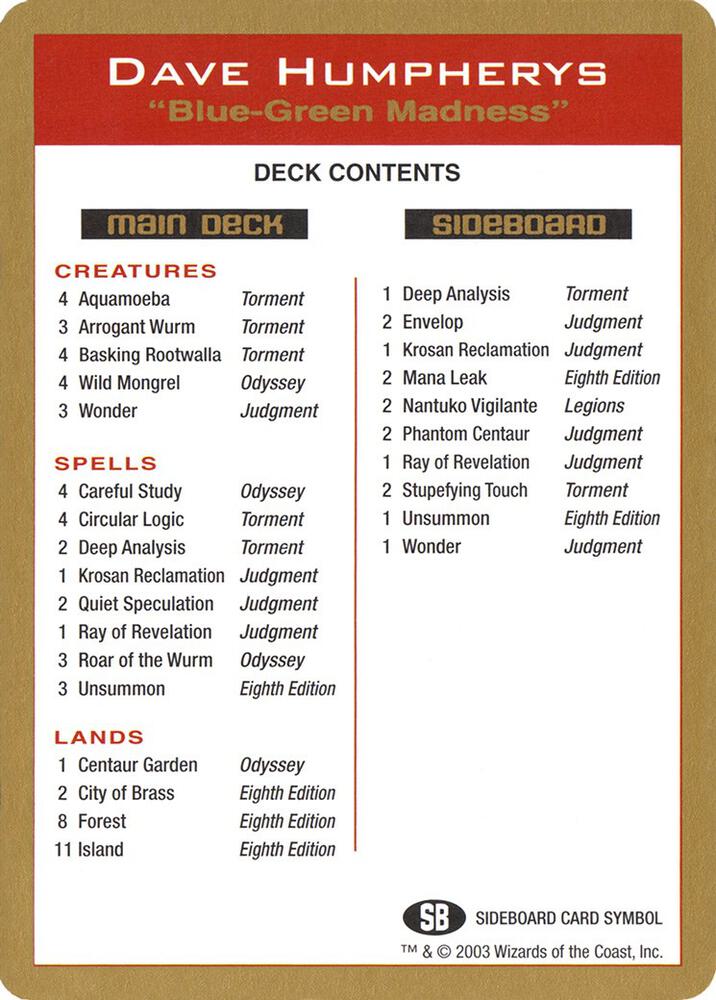 2003 Dave Humpherys Decklist Card [World Championship Decks]