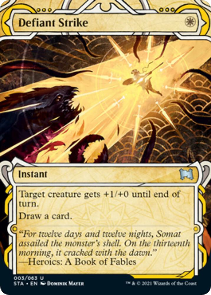 Defiant Strike (3) [Strixhaven Mystical Archive] [Showcase, Borderless]