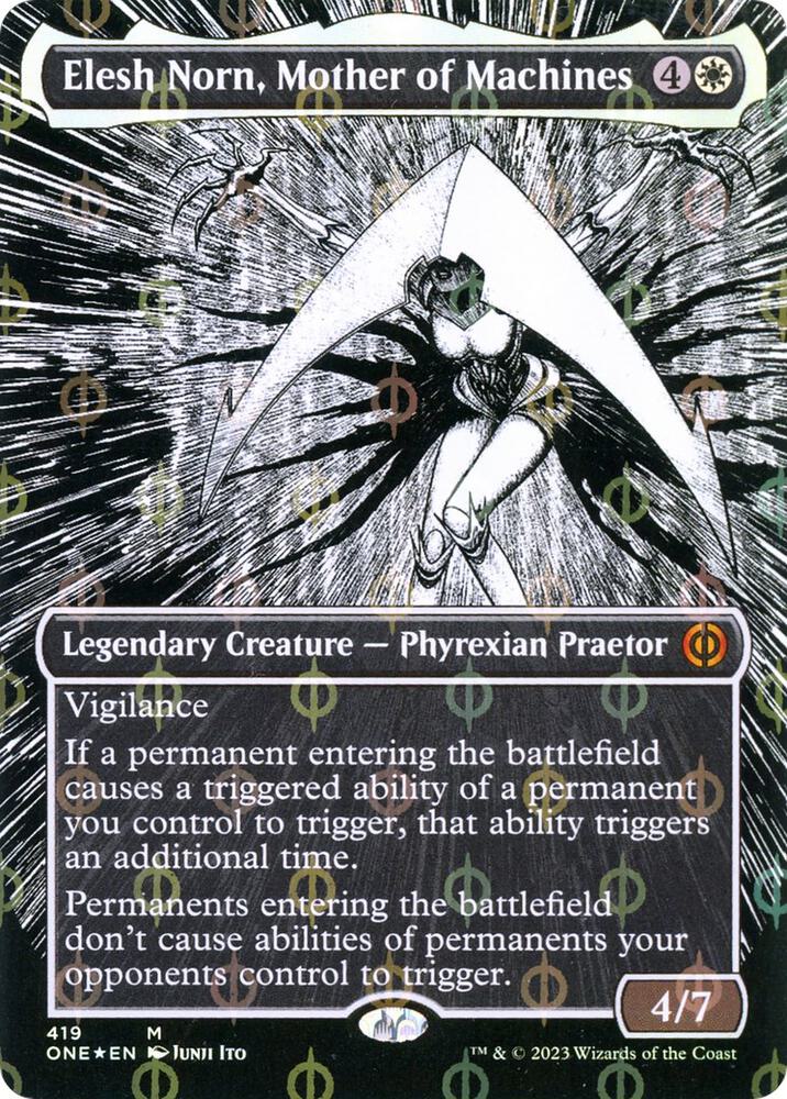 Elesh Norn, Mother of Machines (Borderless) (Step-and-Compleat Foil) (419) [Phyrexia: All Will Be One] [Showcase, Borderless]