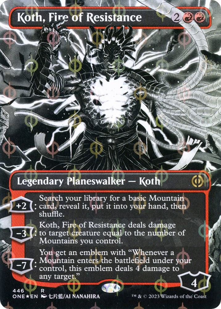 Koth, Fire of Resistance (Borderless) (Step-and-Compleat Foil) (446) [Phyrexia: All Will Be One] [Showcase, Borderless]