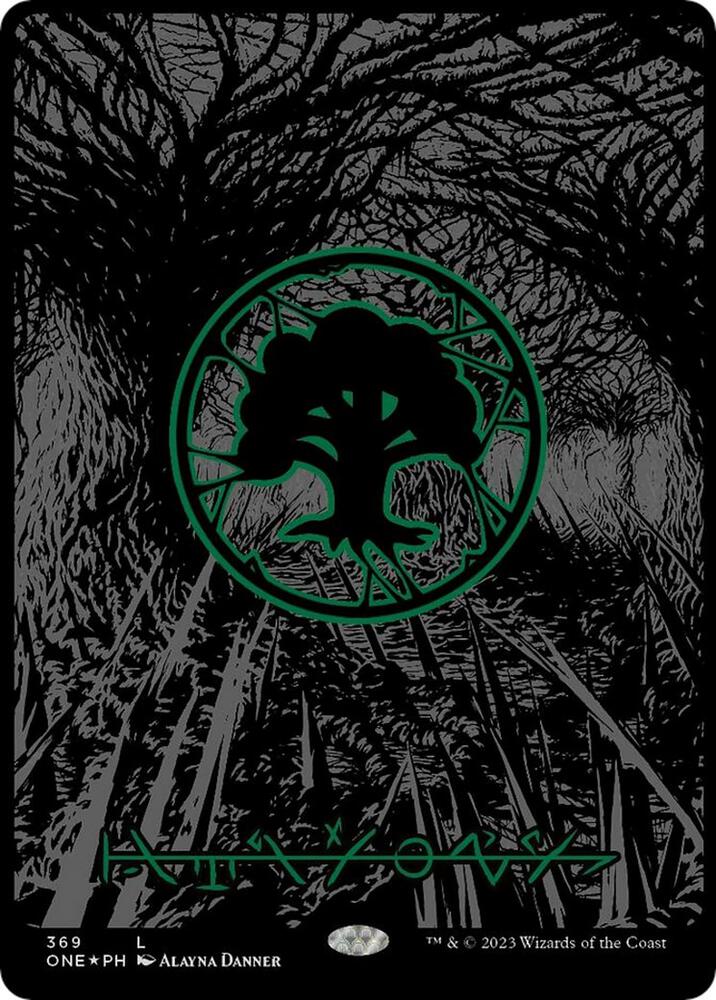 Forest (Phyrexian) - Full Art (Oil Slick Raised Foil) (369) [Phyrexia: All Will Be One] [Borderless]