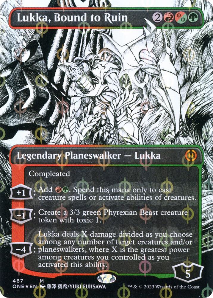 Lukka, Bound to Ruin (Borderless) (Step-And-Compleat Foil) (467) [Phyrexia: All Will Be One] [Showcase, Borderless]
