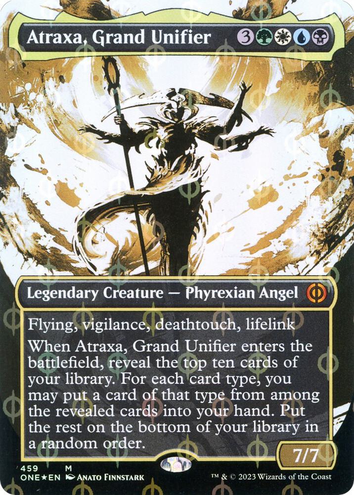 Atraxa, Grand Unifier (Showcase) (Step-and-Compleat Foil) (459) [Phyrexia: All Will Be One] [Showcase, Borderless]