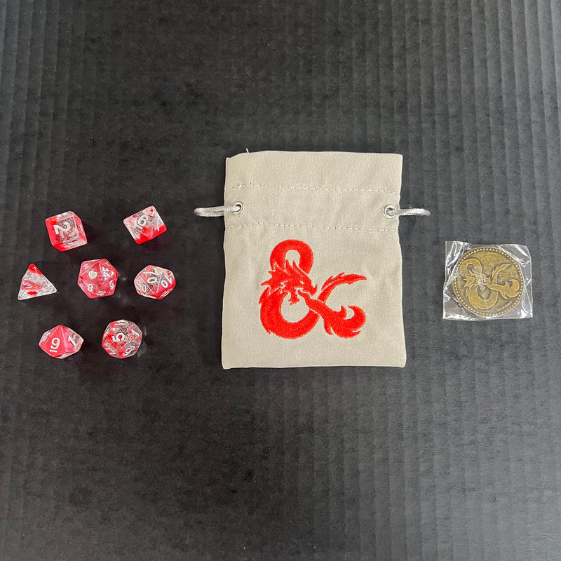 D&D Dice bag + Hearts 7 Dice Set + 1 random D&D Metal coin