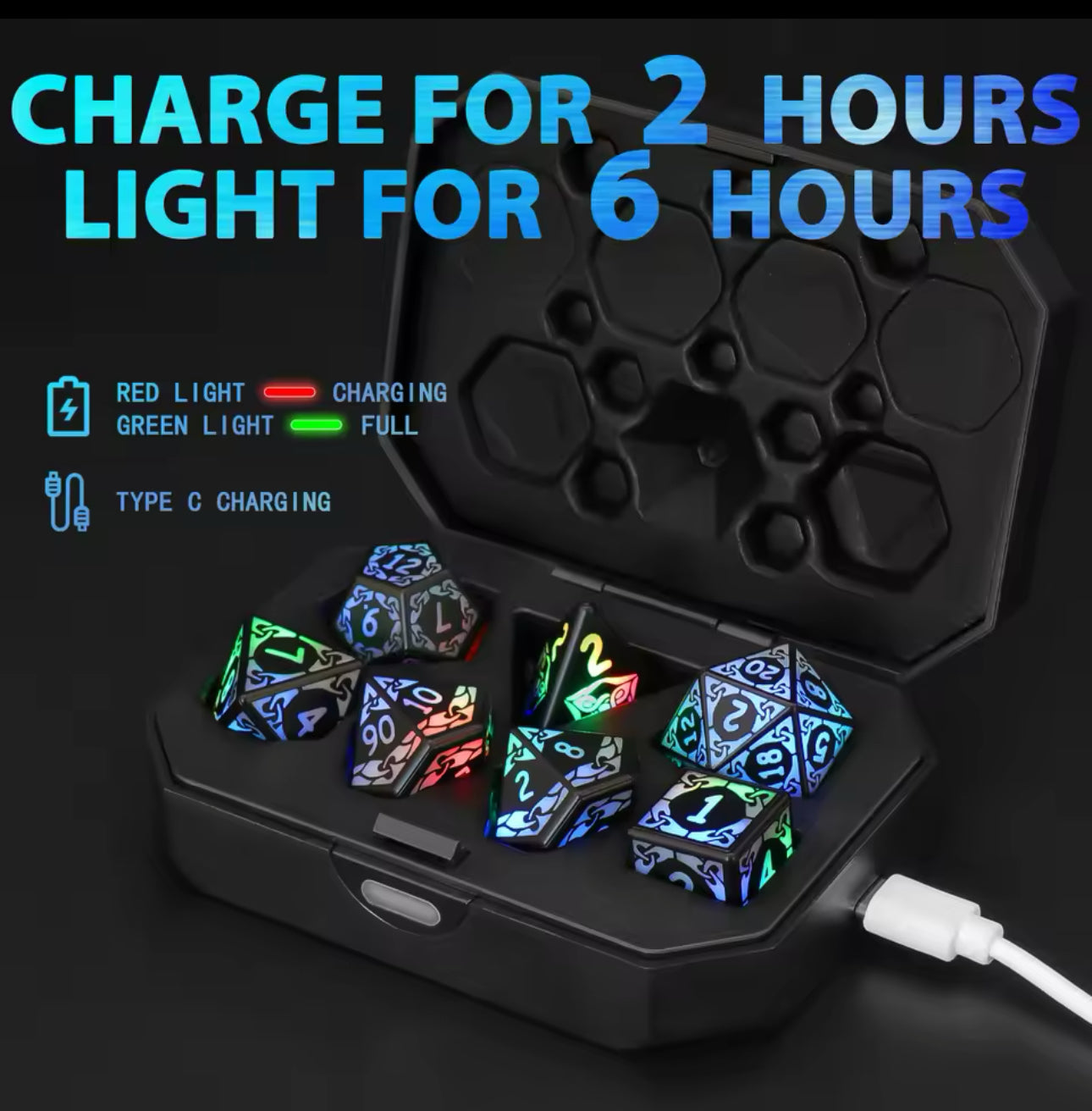 Jeu de dés LED avec boîte rechargeable : Celtic Raindow