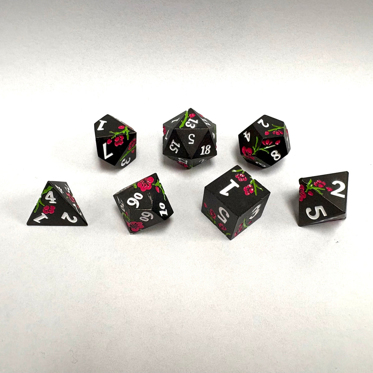Metal Dice Set - Flower Charcoal, Green and Pink