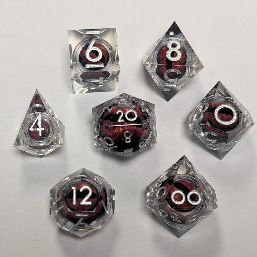 Ensemble de 7 dés à œil à noyau liquide en résine - Transparent/Rouge