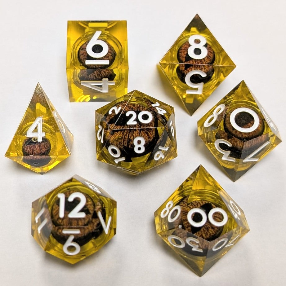 Ensemble de 7 dés à œil à noyau liquide en résine - Jaune