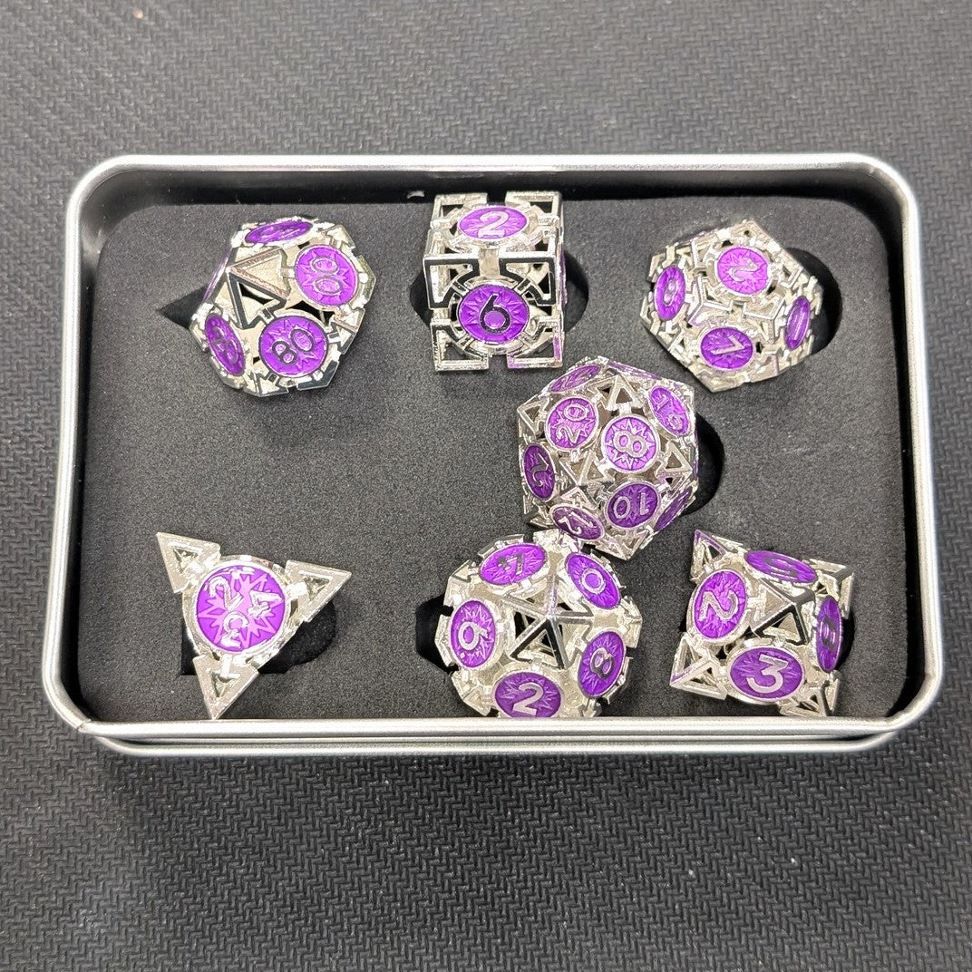 Ensemble de 7 dés creux en métal - Argent/Violet