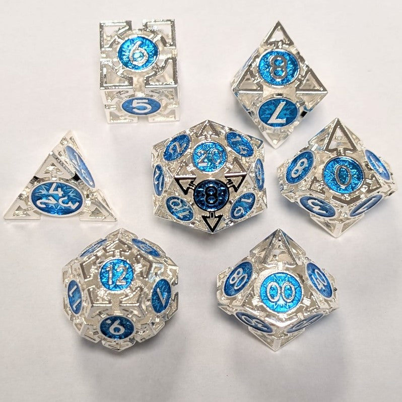 Ensemble de 7 dés creux en métal - Argent/Bleu