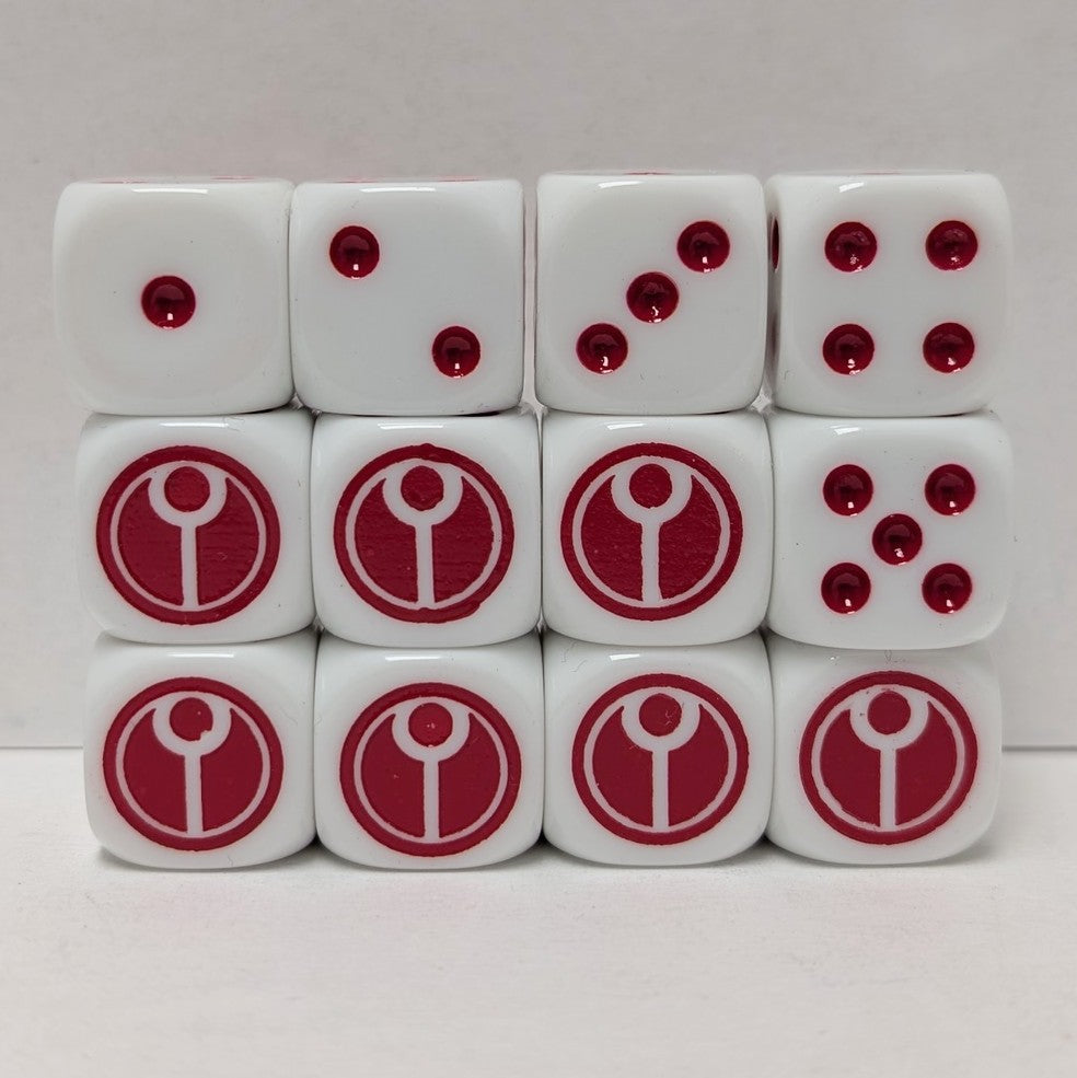 Jeu de 12 dés pour jeux de guerre - Blancs à points rouges