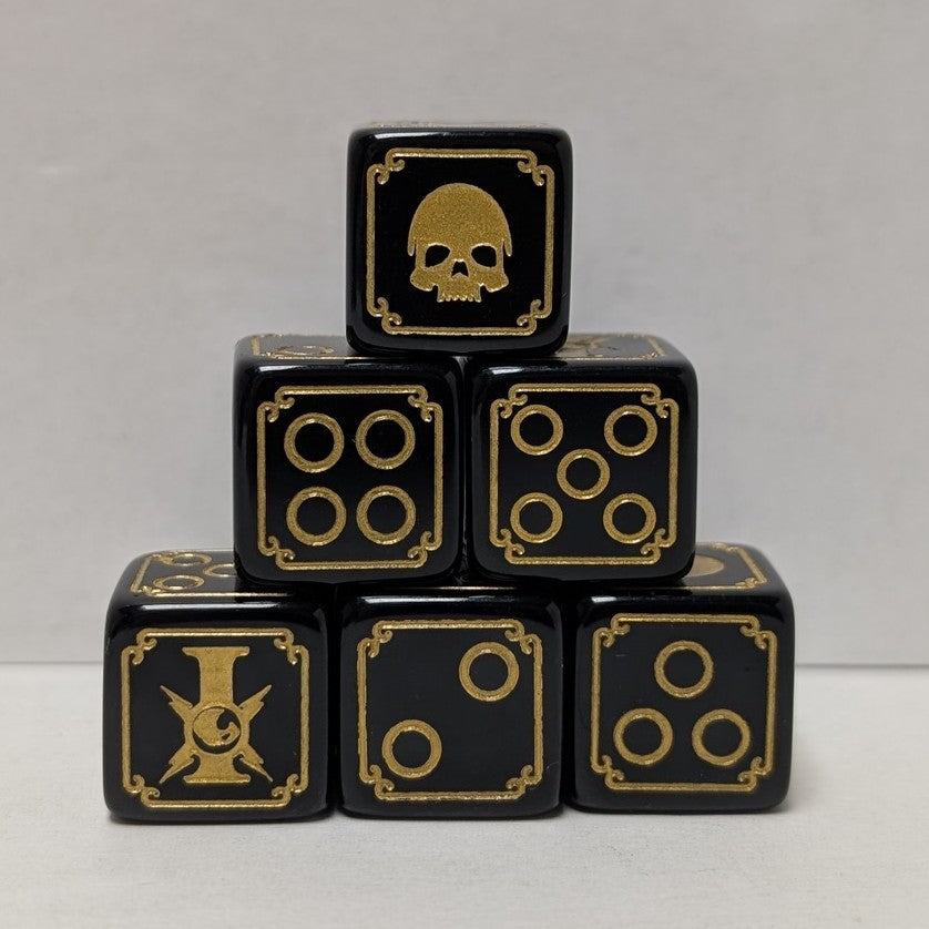 Jeu de 12 dés pour jeux de guerre - Noirs avec points dorés