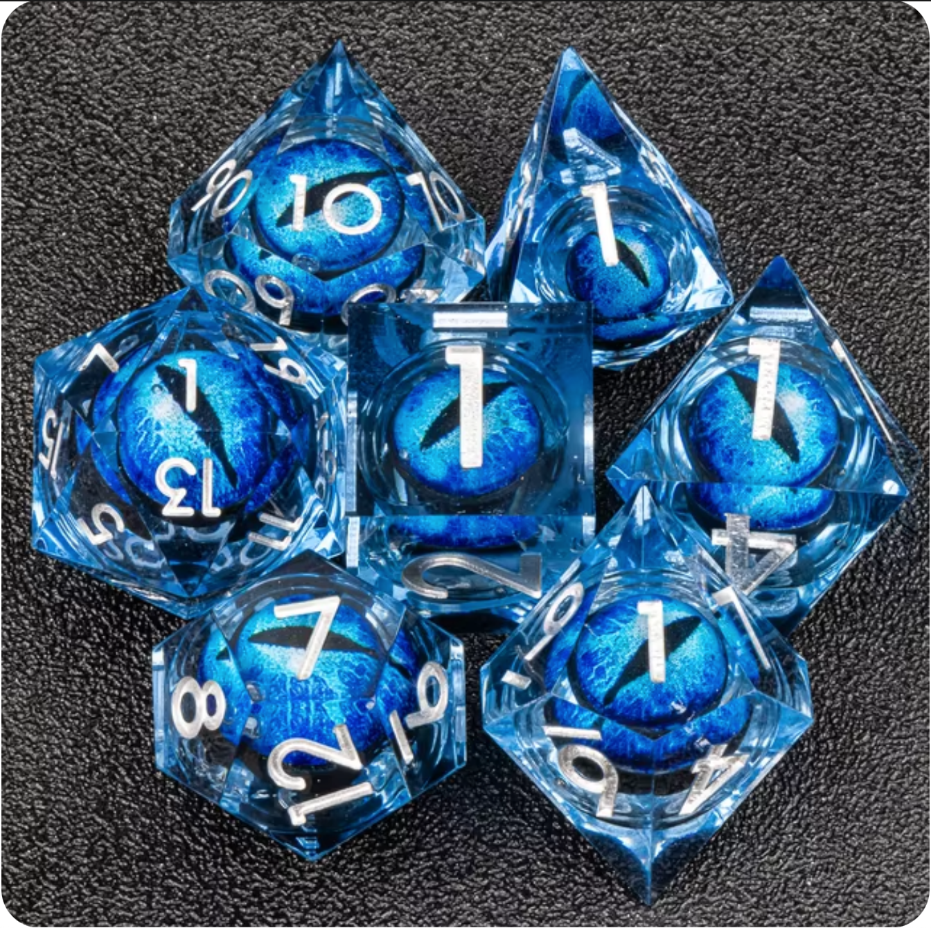 Ensemble de 7 dés à œil à noyau liquide en résine - Turquoise