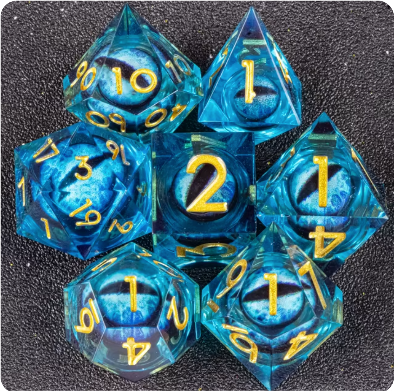 Ensemble de 7 dés à œil à noyau liquide en résine - Bleus