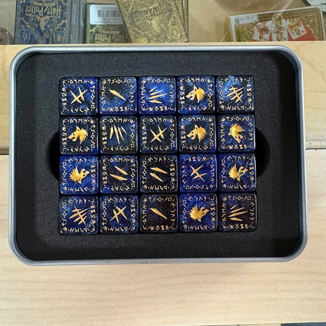 Wargaming 20 Dice Set - Cosmic Blue with Gold Tribal Patterns