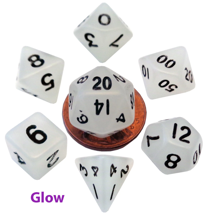 Mini jeu de 7 dés : Glow Clear 10 MM