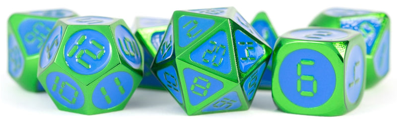 Ensemble de 7 dés en métal : vert avec émail bleu 16 mm