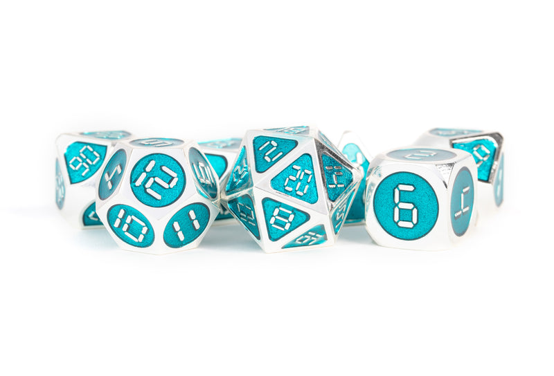 Metal 7 Dice Set: Silver with Teal Enamel 16MM