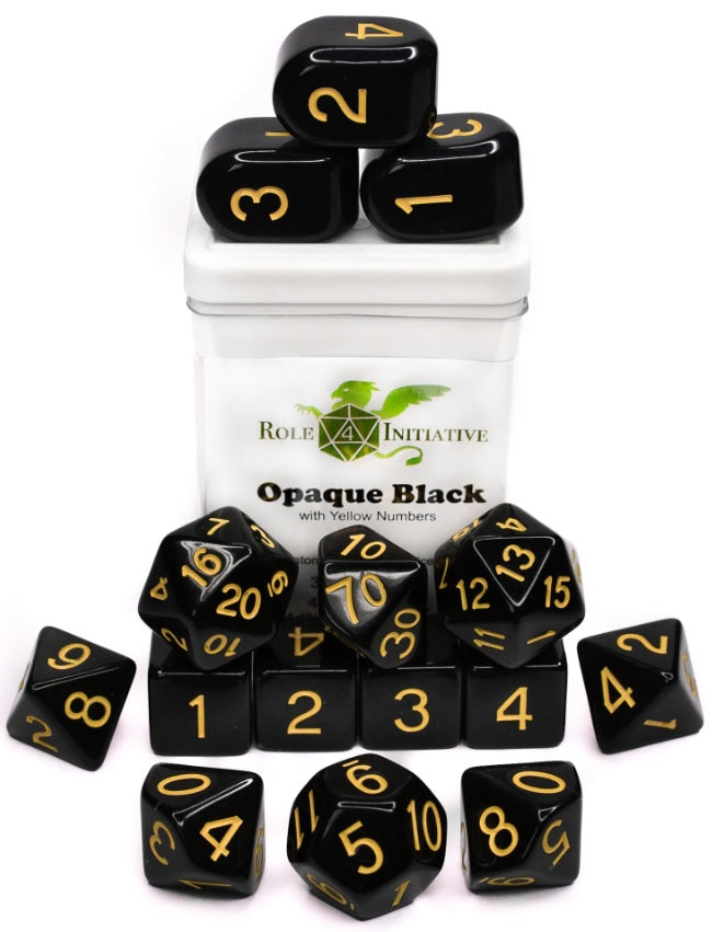 Set of 15 Dice: Opaque Black with Yellow Numbers - Arch'D4