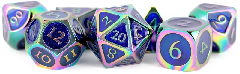 Metal 7 Dice Set: Rainbow with Blue Enamel 16MM