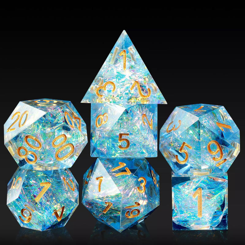 Iridescent Blue Resin Sharp cut 7 piece dice set