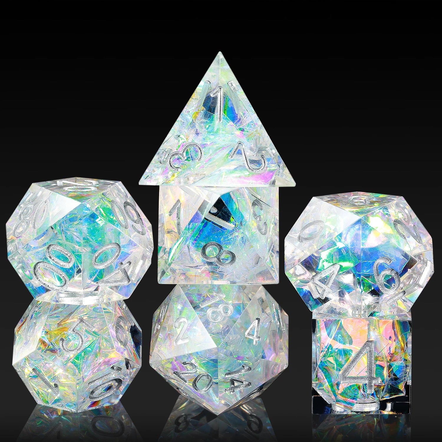Ensemble de 7 dés Sharp Cut en résine - Transparent irisé