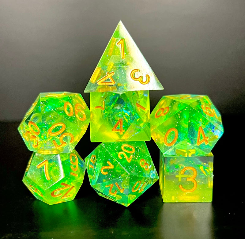 Iridescent Green and Translucent Resin Sharp cut 7 piece dice set