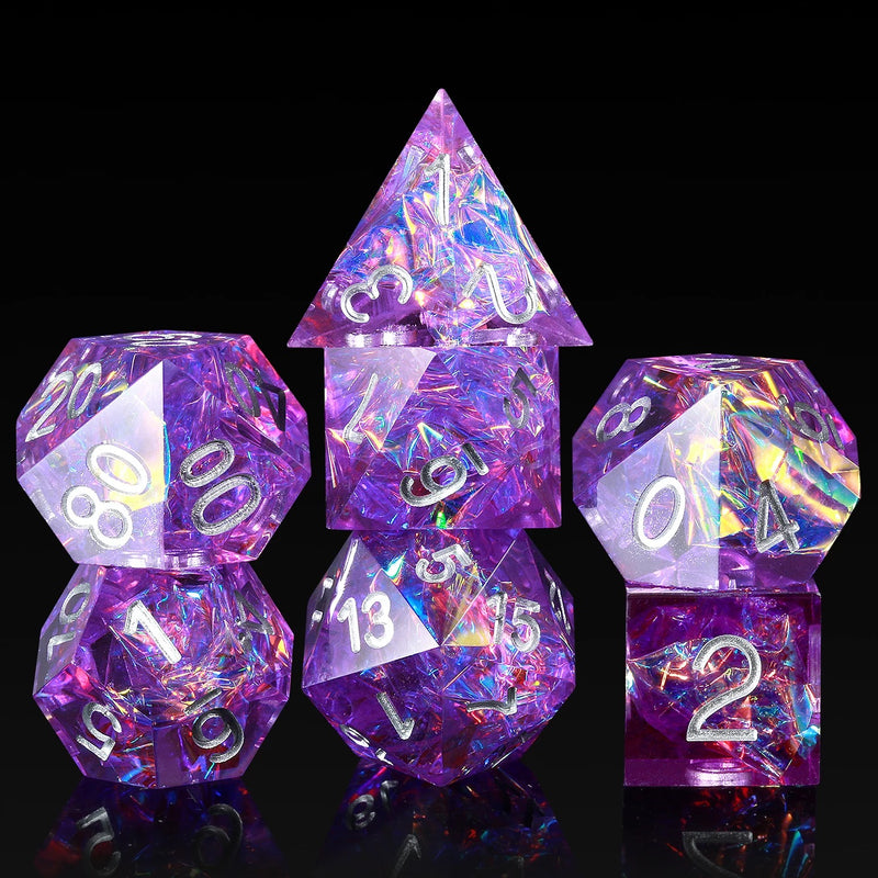Iridescent Purple and Translucent Resin Sharp cut 7 piece dice set