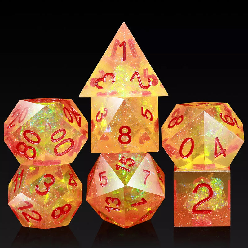 Iridescent Orange and Translucent Resin Sharp cut 7 piece dice set