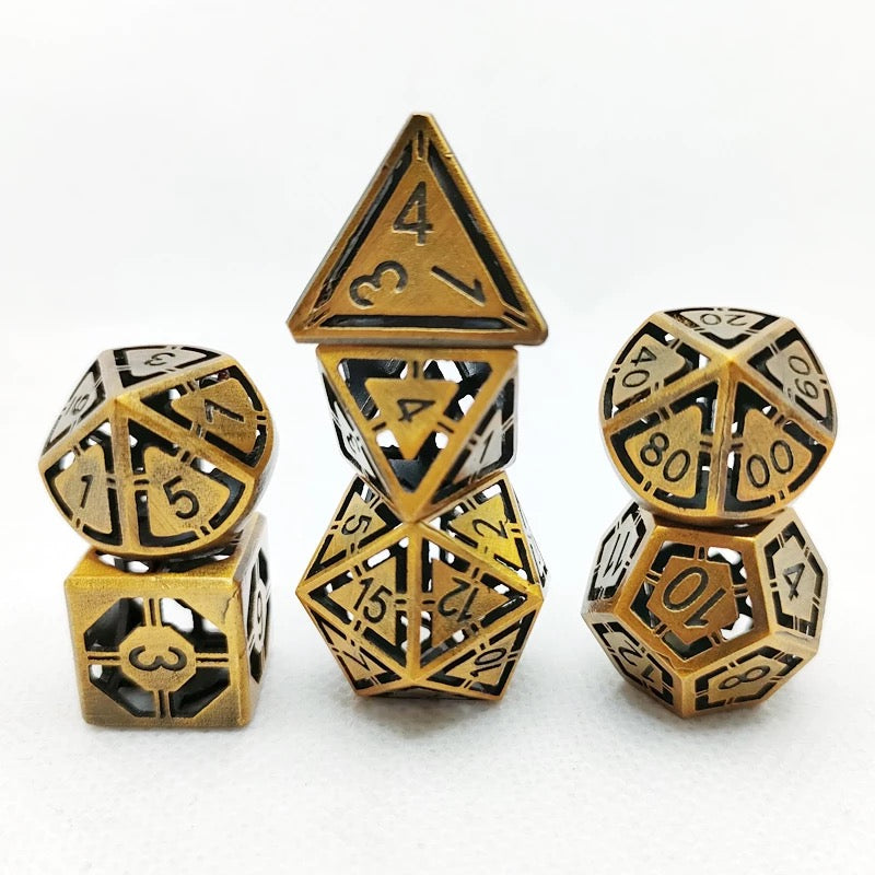Hollow Brushed Gold Metal 7 piece dice set