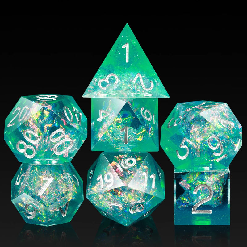 Iridescent Green and Blue Resin Sharp cut 7 piece dice set