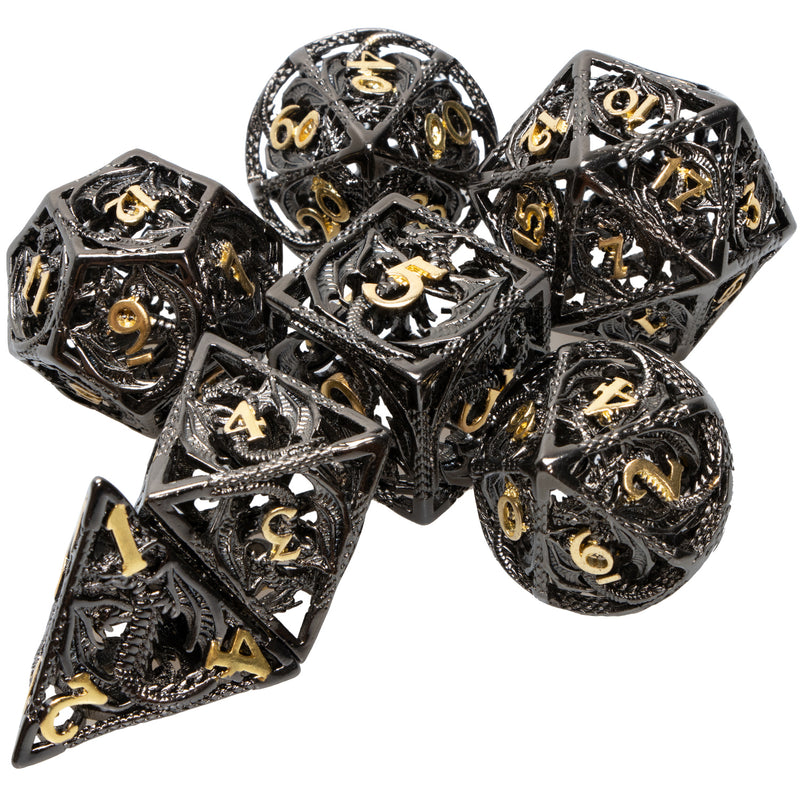 Hollow Metal 7 Dice Set - Black With Gold Number