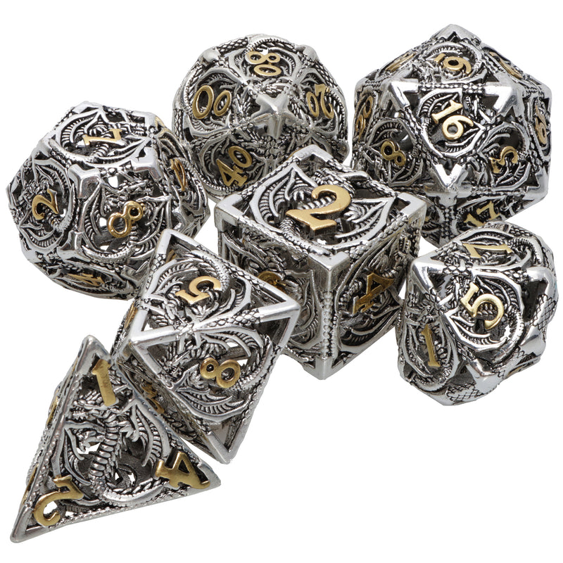 Hollow Metal 7 Dice Set - Silver With Gold Number